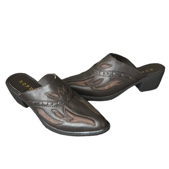 Roper Shoes - Roper Womens Beth Lace Underlay Mule Shoes 9 Brown Faux Leather Snip Toe Western